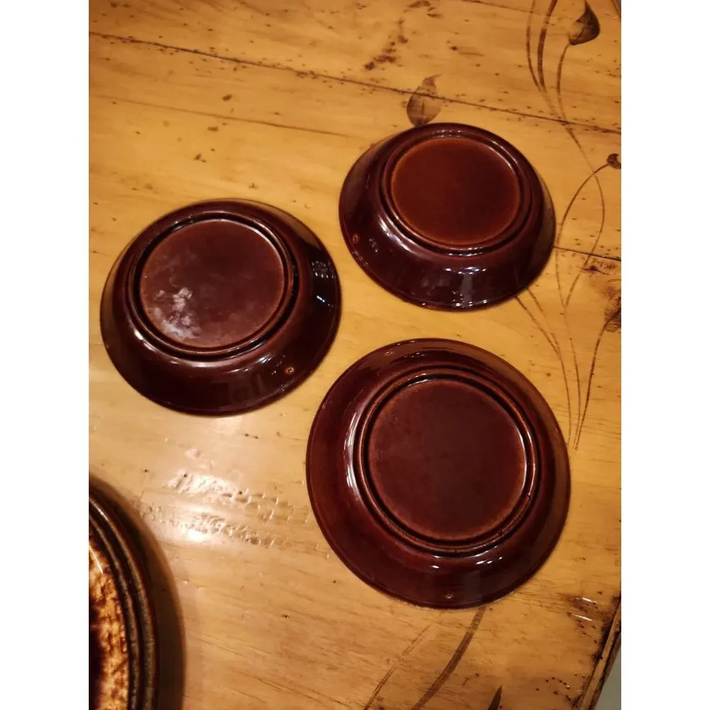 McCoy Pottery Made in USA Brown Drip 3 Dinner Plates, 3 Salad, 3 Dessert Bowls